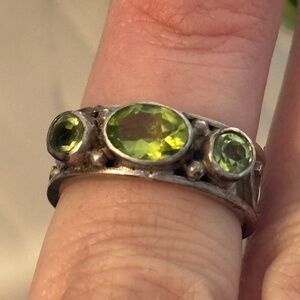 Sterling Silver Peridot Ring – Triple Stone Artisan Ring (Size 4.5)